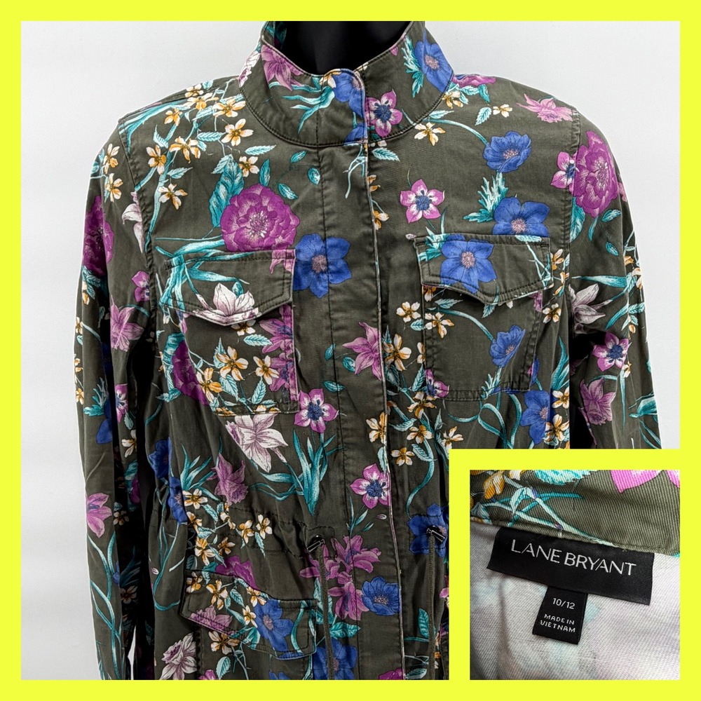 Lane‎ Bryant Floral Utility Jacket Womens 10/12 Olive Green Anorak Cargo Stretch